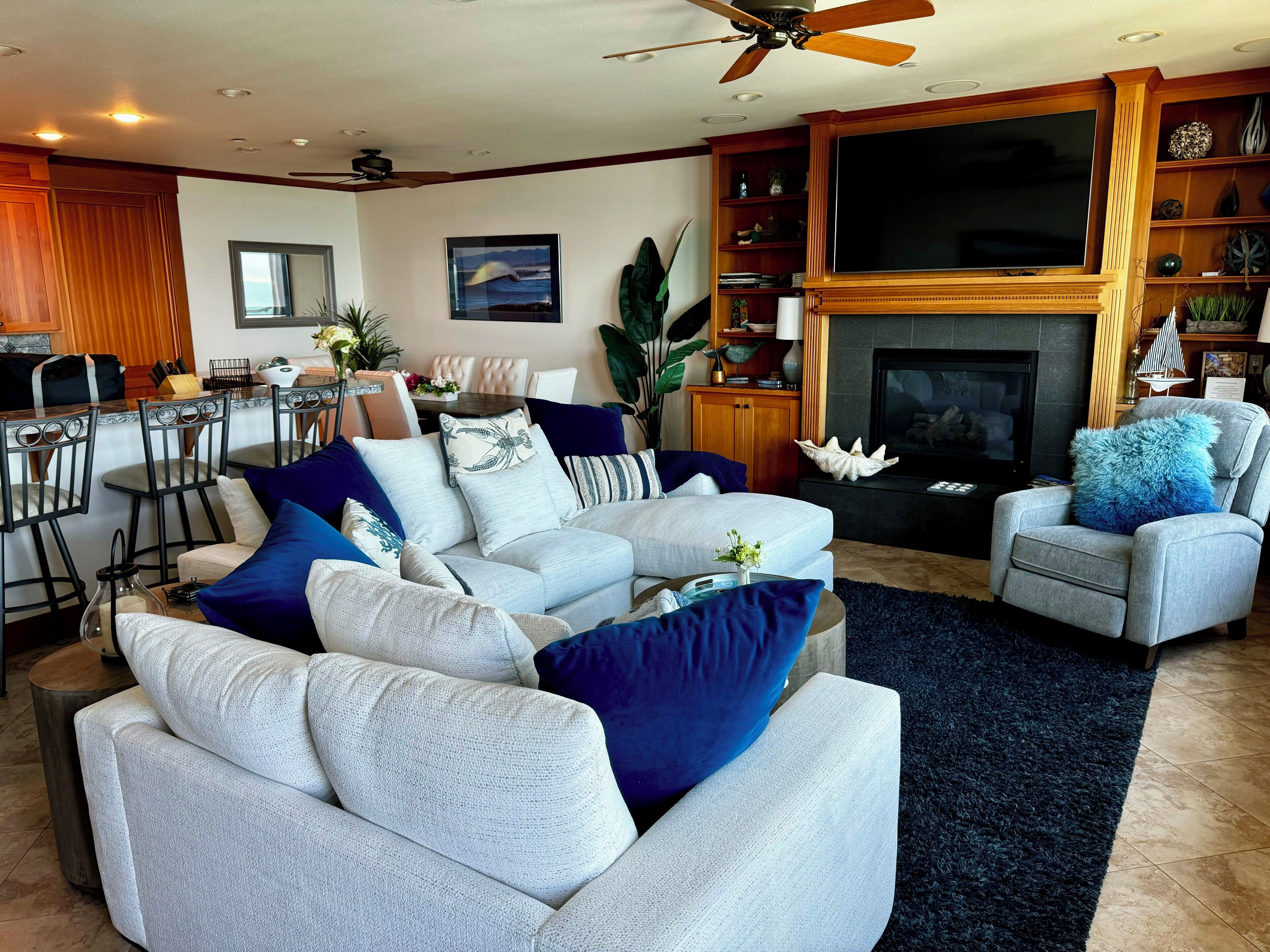 Smart TV, fireplace, DVD player, printers