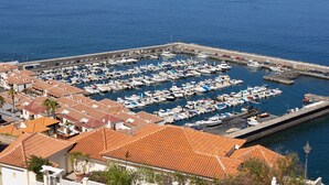 A marina with numerous boats docked, surrounded by residential buildings with red-tiled roofs.