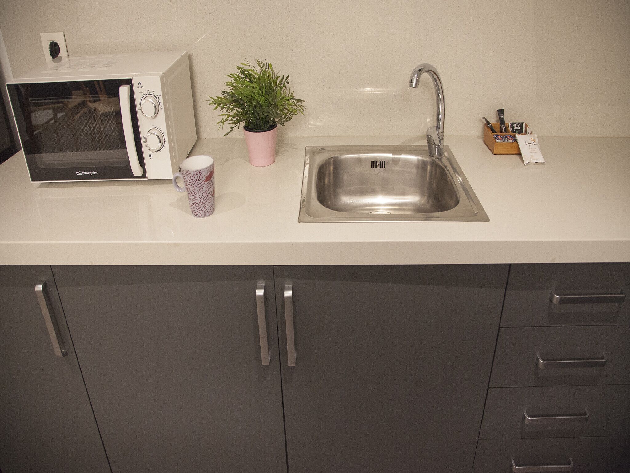 A kitchen with a microwave, sink, potted plant, and coffee mug.
