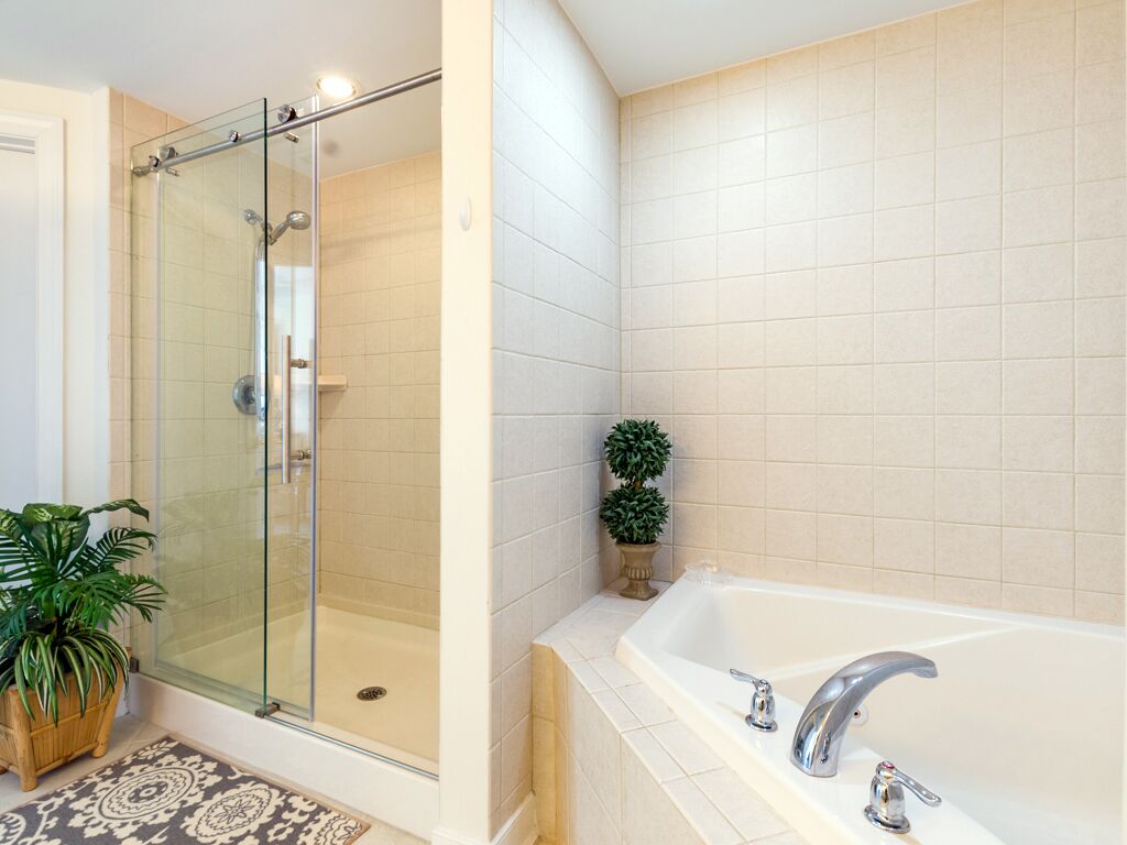 A modern bathroom with a glass-enclosed shower, a freestanding bathtub, and a potted plant.
