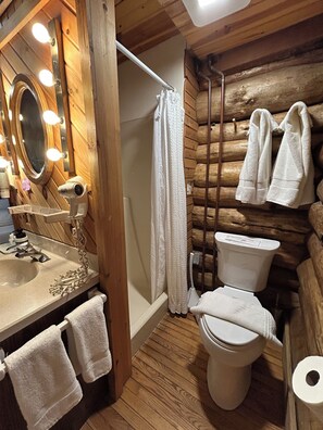 Shower, jetted bath, hair dryer, towels