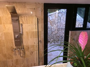 Combined shower/bathtub, hair dryer, towels, soap
