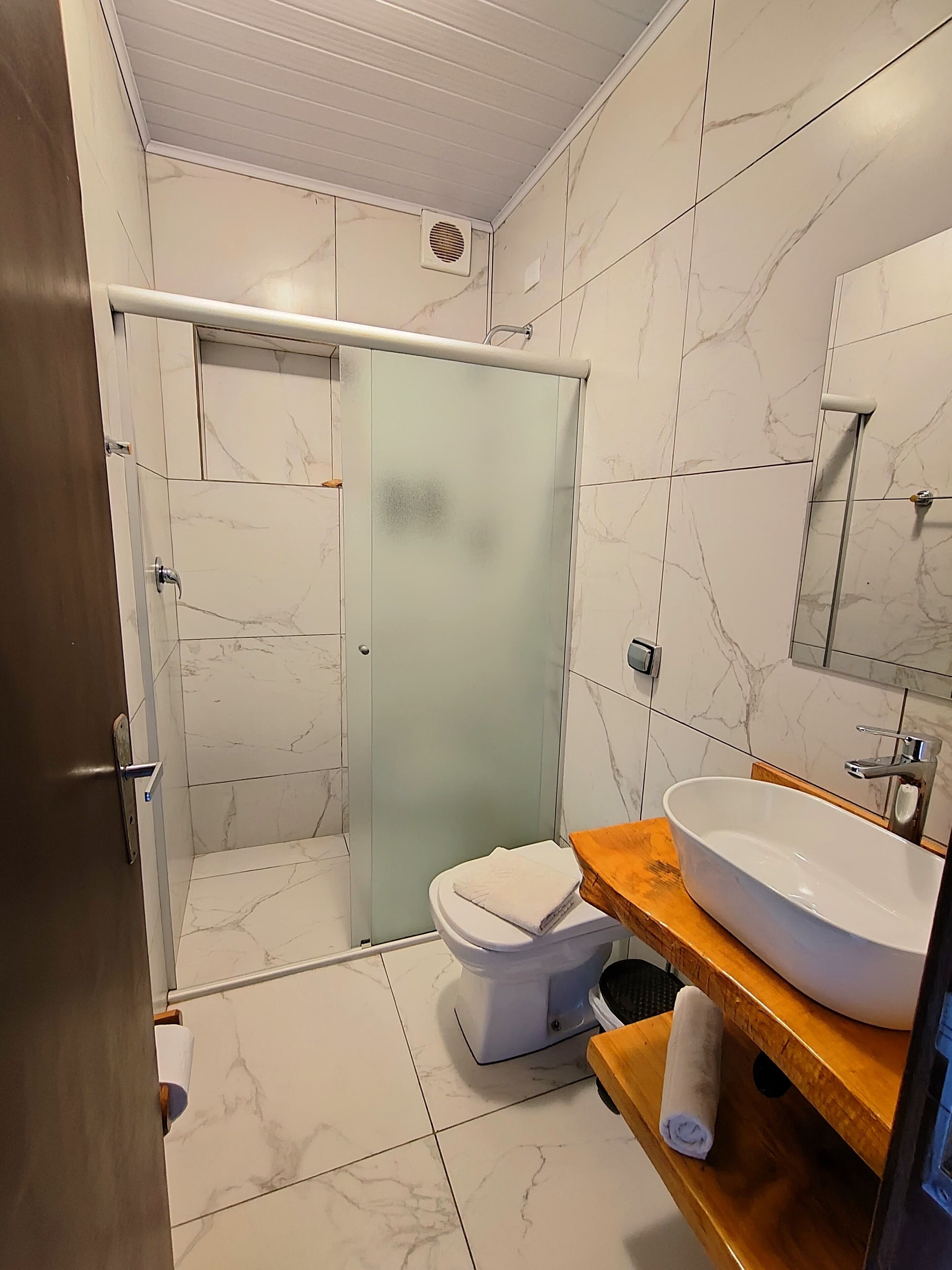 A bathroom with a glass shower enclosure, a toilet, and a sink with a wooden countertop.