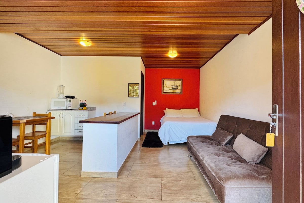 A compact room with a kitchenette, a bed, and a sofa.