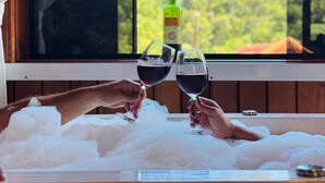 Vista de una botella de vino tinto y dos copas sobre una mesa con hielo, con un bosque de fondo, visto a través de una ventana.