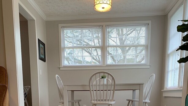 A dining area with a wooden table and four white chairs, a window with blinds, and a green rug on the floor.