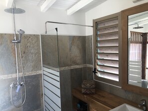 Shower, hair dryer, towels, soap