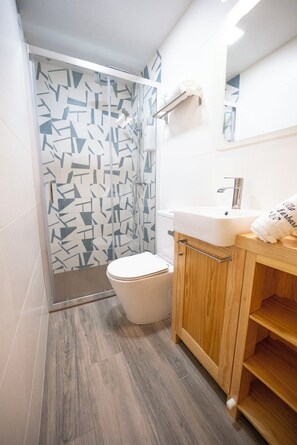 Shower, hair dryer, towels, soap