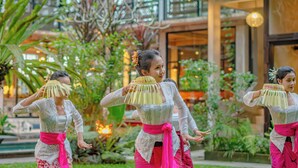 A courtyard with lush greenery and a building with large windows. - Gunung An Retreat (Ubud)