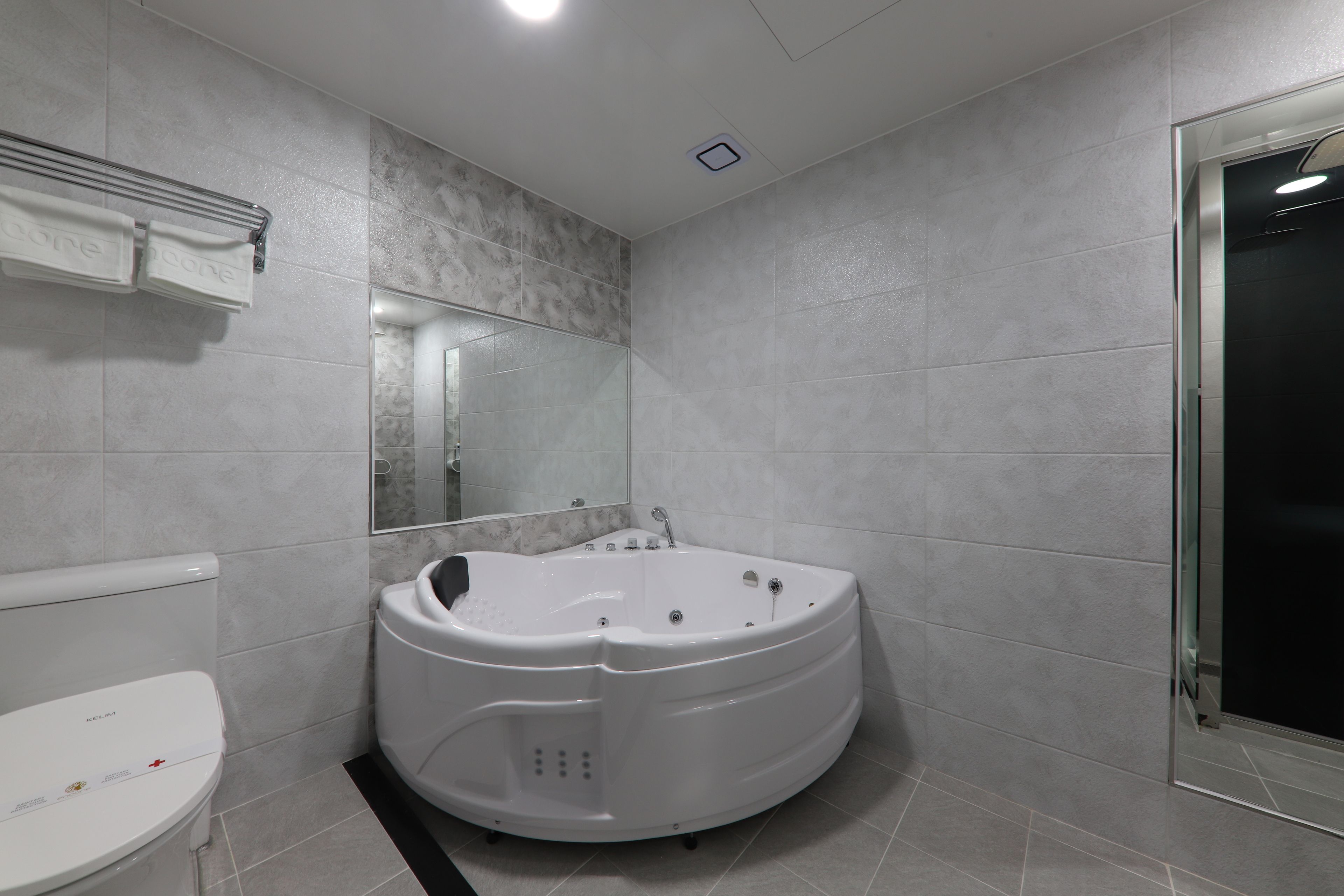 twin room, jetted tub (massage chair) | bathroom | hair dryer, bathrobes, slippers, towels