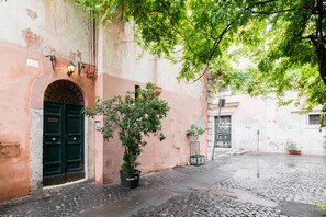 A cobblestone street with a building featuring a green door and a potted plant.
