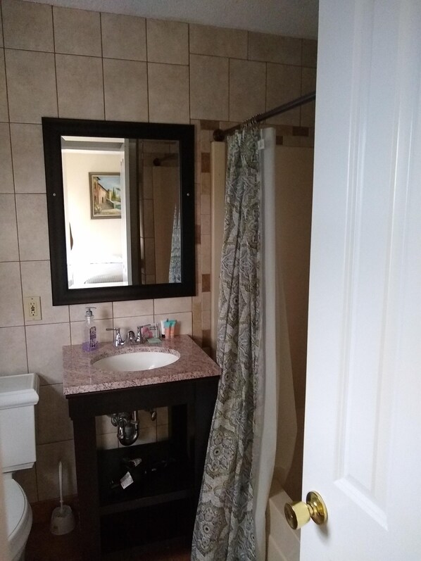 A bathroom with a sink, mirror, toilet, and shower curtain.