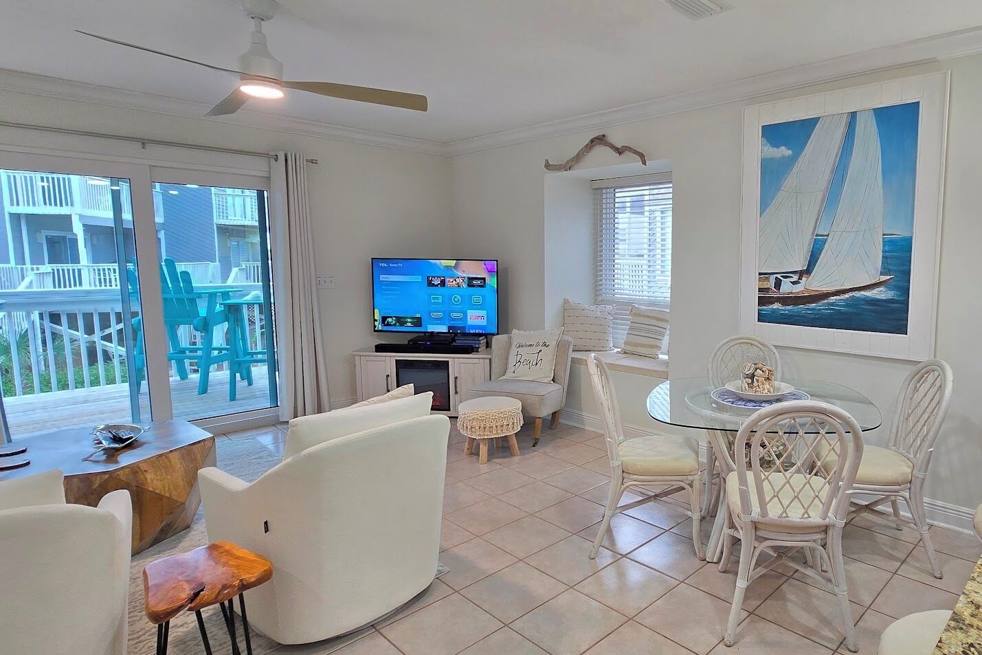 Televisión, reproductor de DVD, libros, videoteca