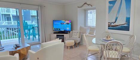 Televisio, DVD-soitin, kirjoja, videokirjasto