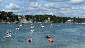 A harbor with multiple boats, including sailboats and motorboats, anchored in calm waters.