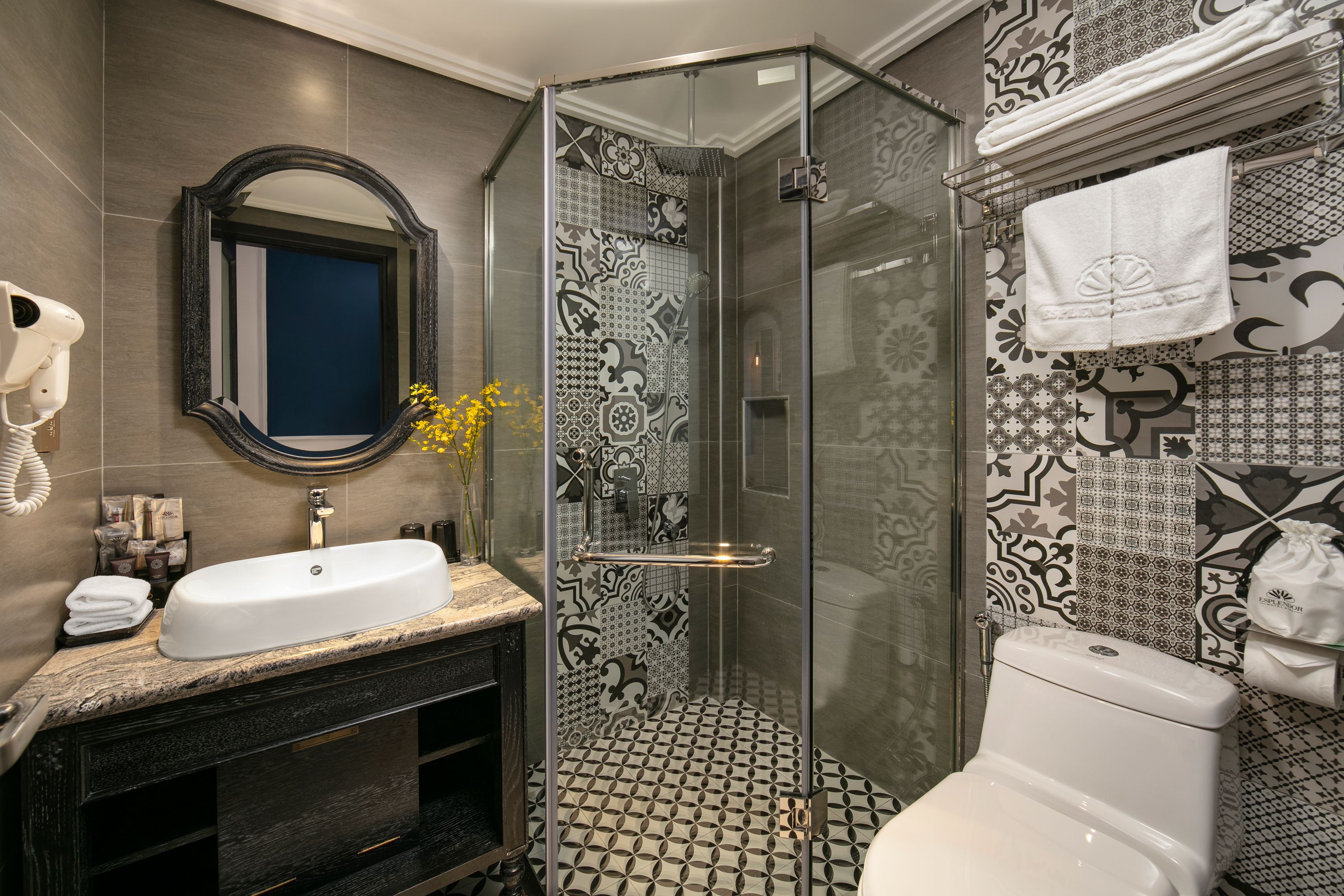 shower, free toiletries, hair dryer, bathrobes