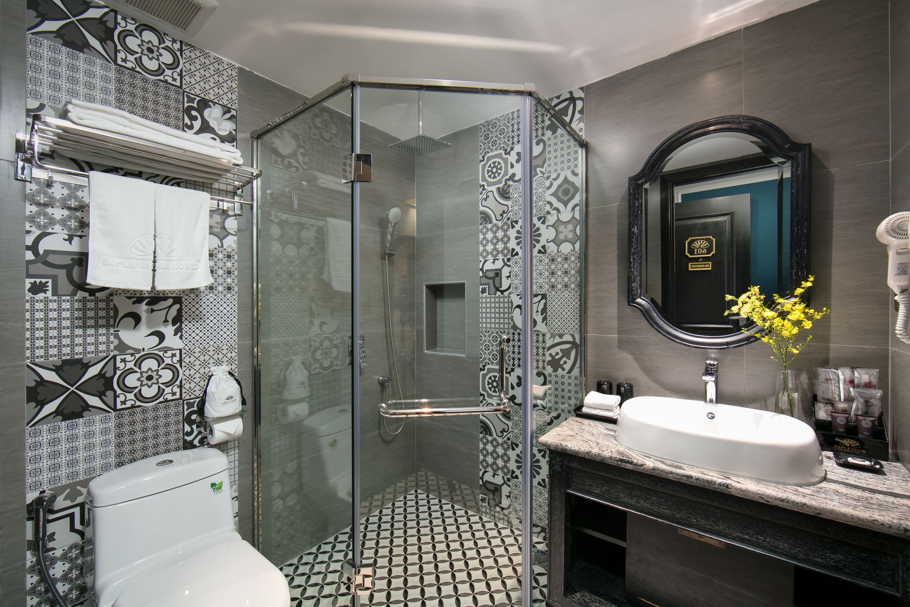 shower, free toiletries, hair dryer, bathrobes