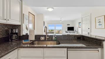 Fridge, microwave, coffee/tea maker, toaster