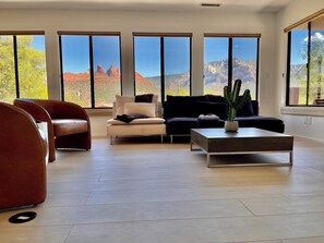 Smart TV, fireplace, books