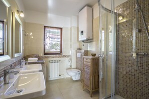Shower, hair dryer, towels, toilet paper