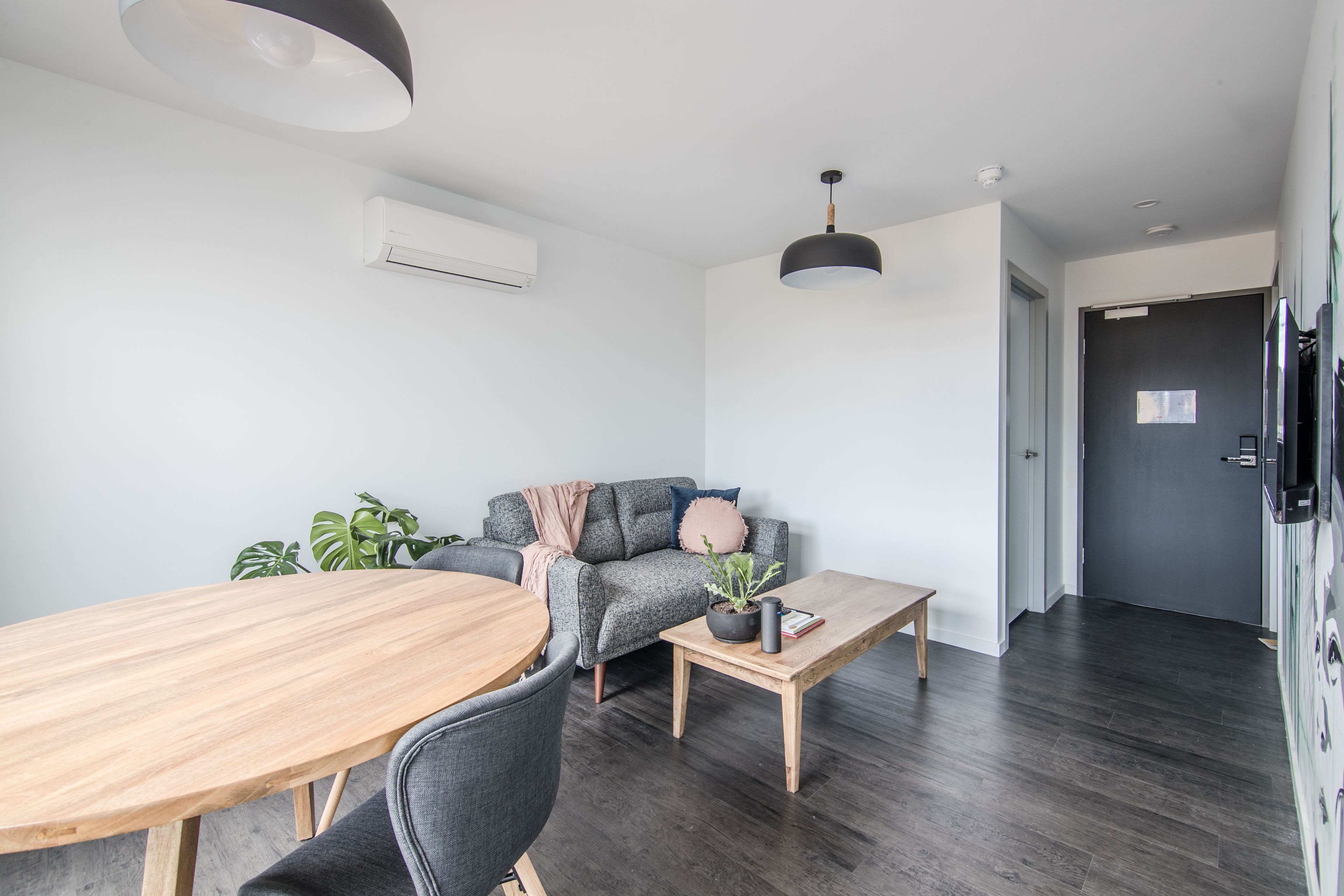 Un salon moderne avec une table ronde en bois, un canapé gris agrémenté d’un plaid rose, une table basse et une plante en pot.