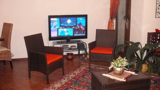 Een woonkamer met twee rieten stoelen, een televisie en een decoratieve vaas.