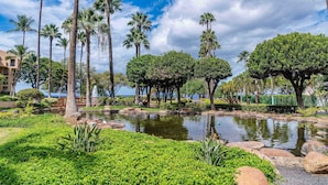 Un jardín ajardinado con palmeras, un estanque y vistas a una masa de agua.
