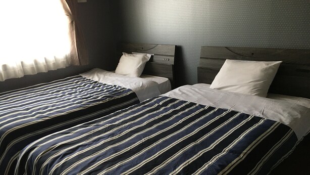 Une chambre d’hôtel avec deux lits, chacun doté de draps à rayures et d’oreillers blancs.