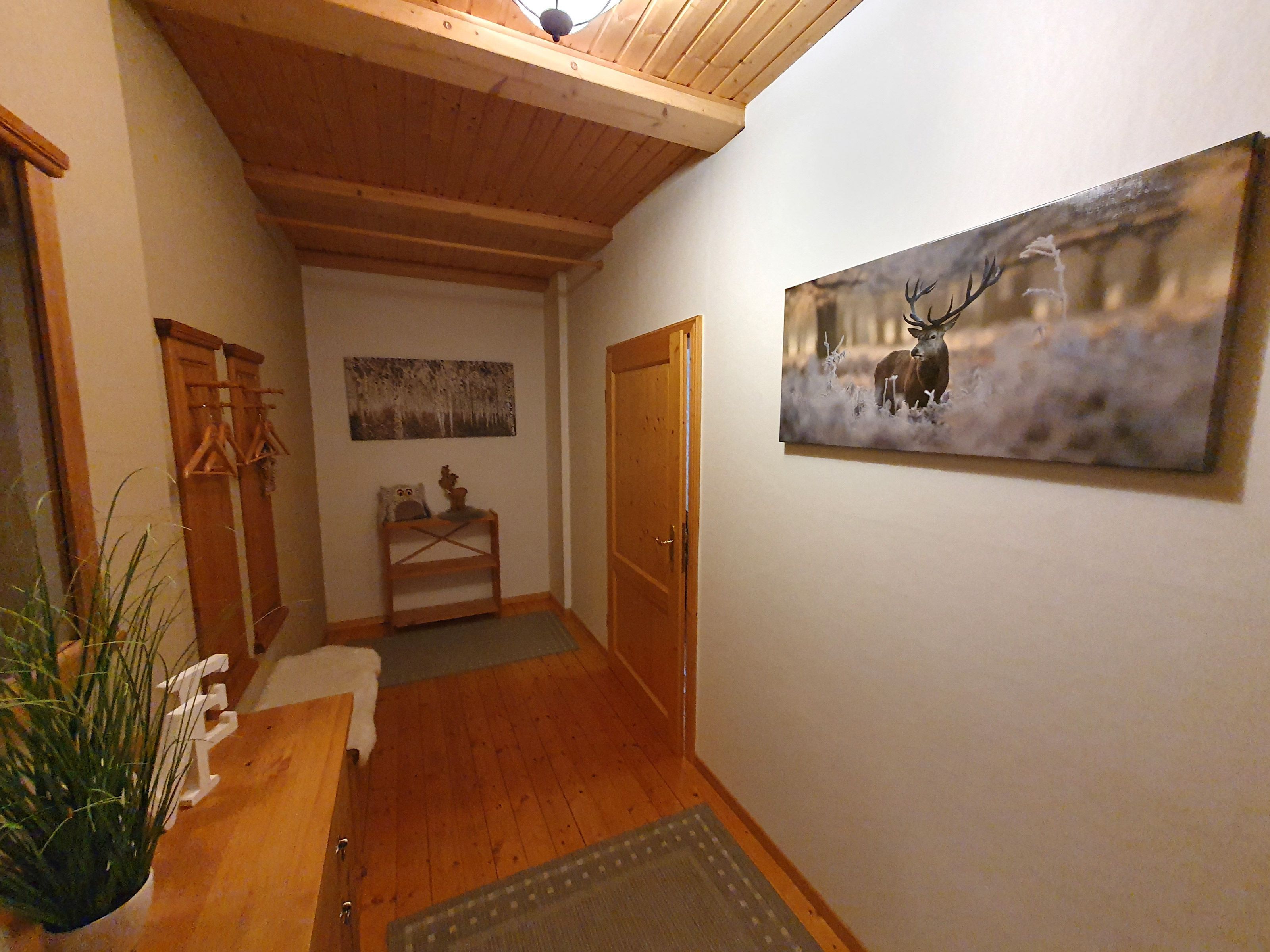 A narrow hallway with wooden flooring, a wooden ceiling, a door, a bench, a wall-mounted painting of a deer, and a potted plant.
