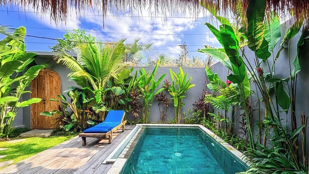 A rectangular swimming pool with a wooden deck and lounge chairs, surrounded by lush tropical plants and a wooden door.