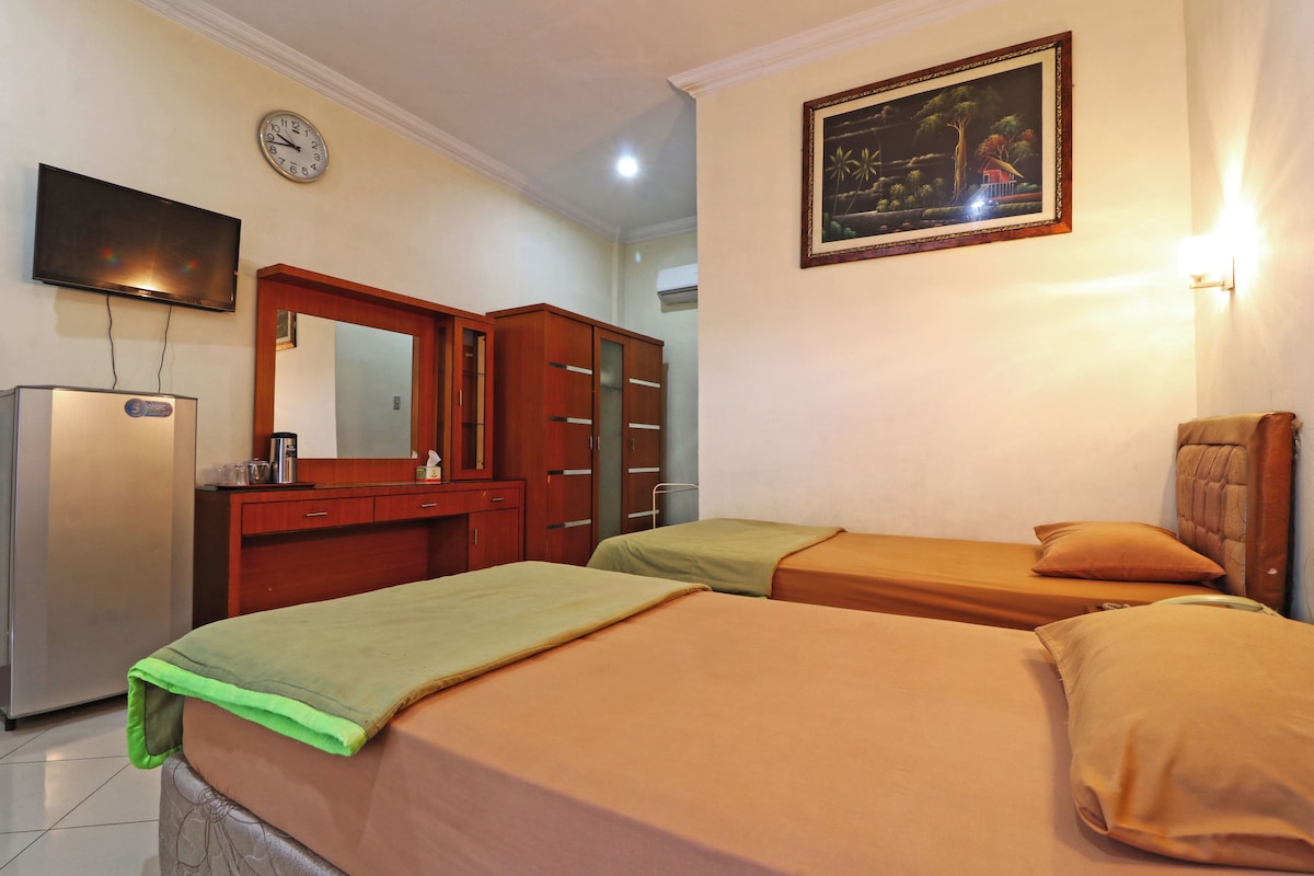 A hotel room with two beds, a TV, a mirror, a wardrobe, and a painting on the wall.