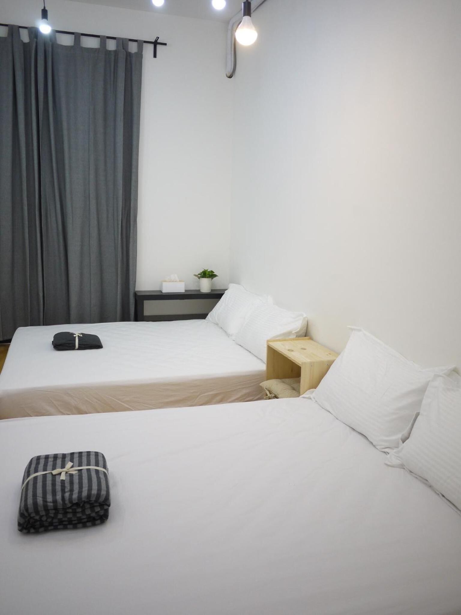 A hotel room with two single beds, a bedside table with a lamp, a small shelf with a plant, and a window with curtains.