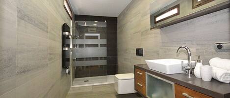 Shower, hair dryer, towels