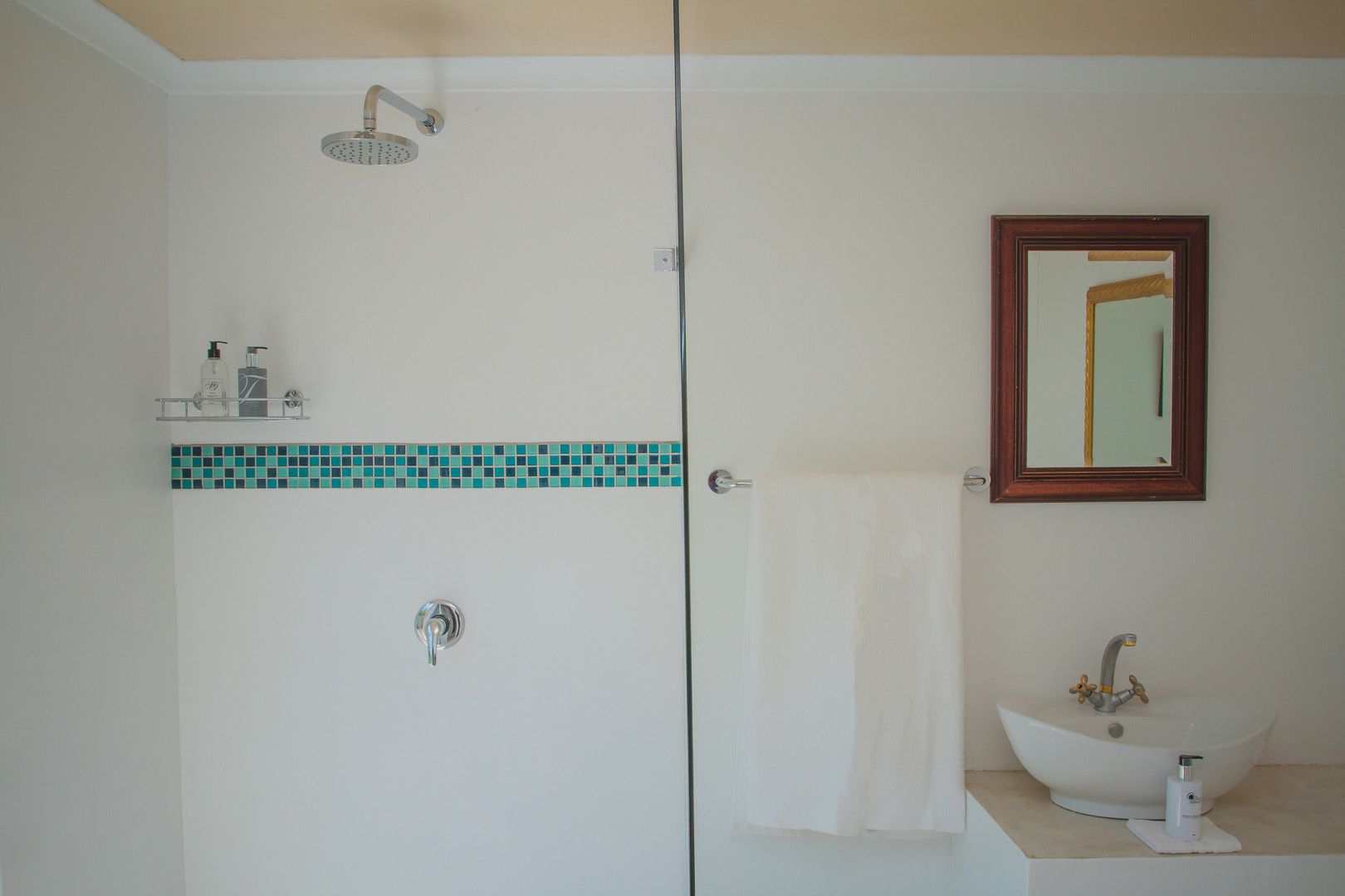 A bathroom with a shower, a sink, and a mirror.