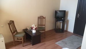 A room with a wooden desk, two chairs, a small TV on a stand, a telephone, and a vase with flowers. - Eleganti (Batumi)