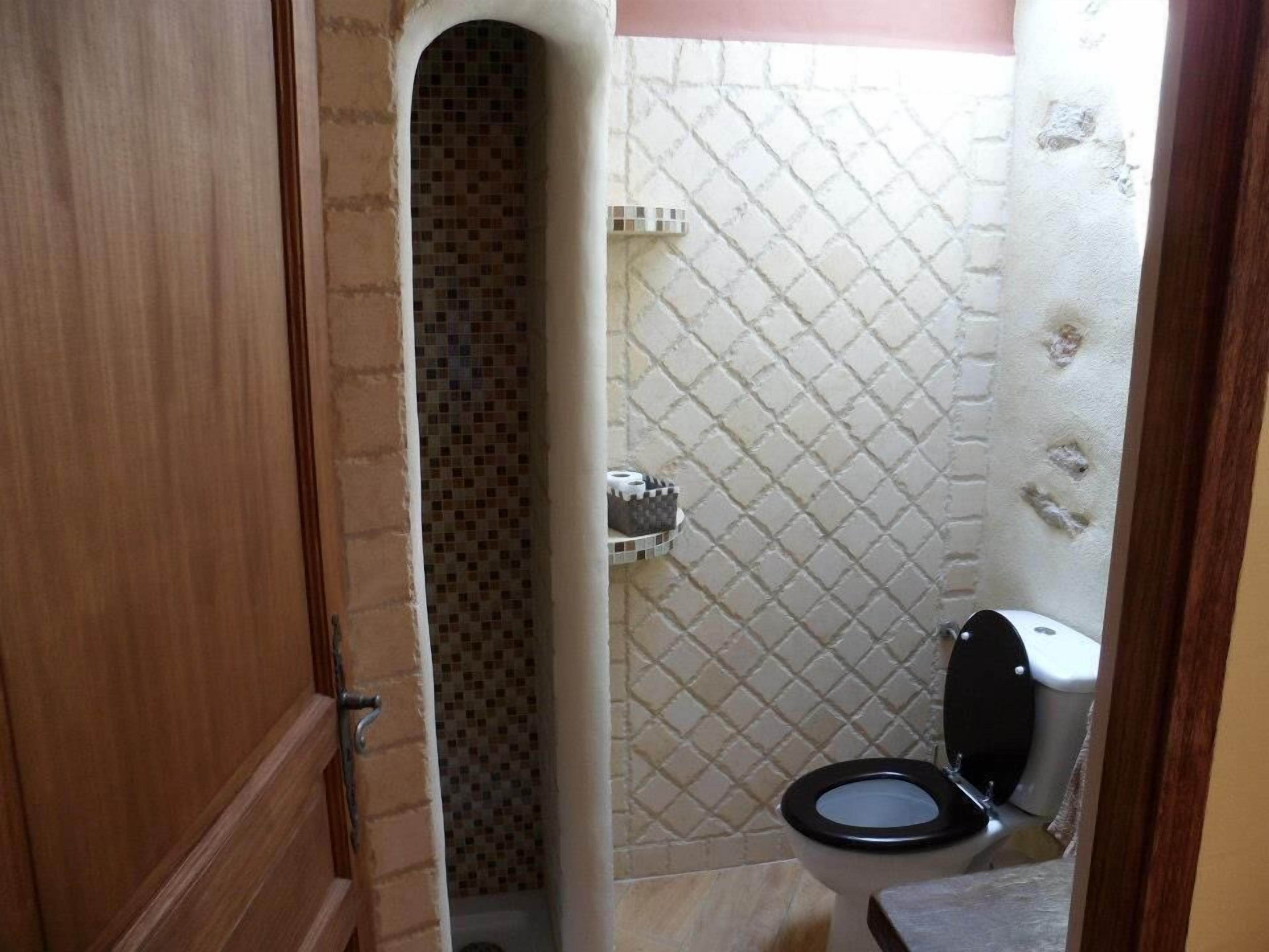 Une salle de bain avec un mur de douche carrelé, des toilettes et une porte en bois.