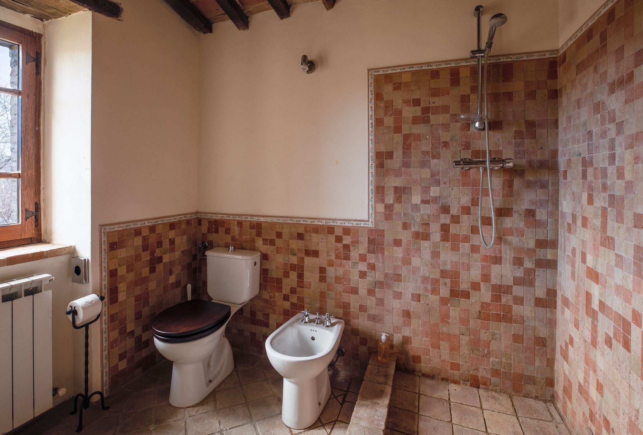 A bathroom with a toilet, bidet, and shower.