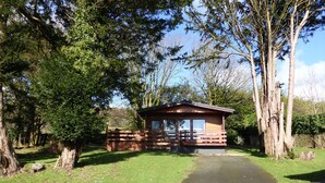 A small wooden cabin with a fenced yard, surrounded by trees. - Birch Lodge 23 With Hot Tub, Newton Stewart (Newton Stewart)