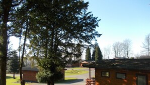 A cabin with a wooden deck, surrounded by trees and a clear sky. - Birch Lodge 23 With Hot Tub, Newton Stewart (Newton Stewart)