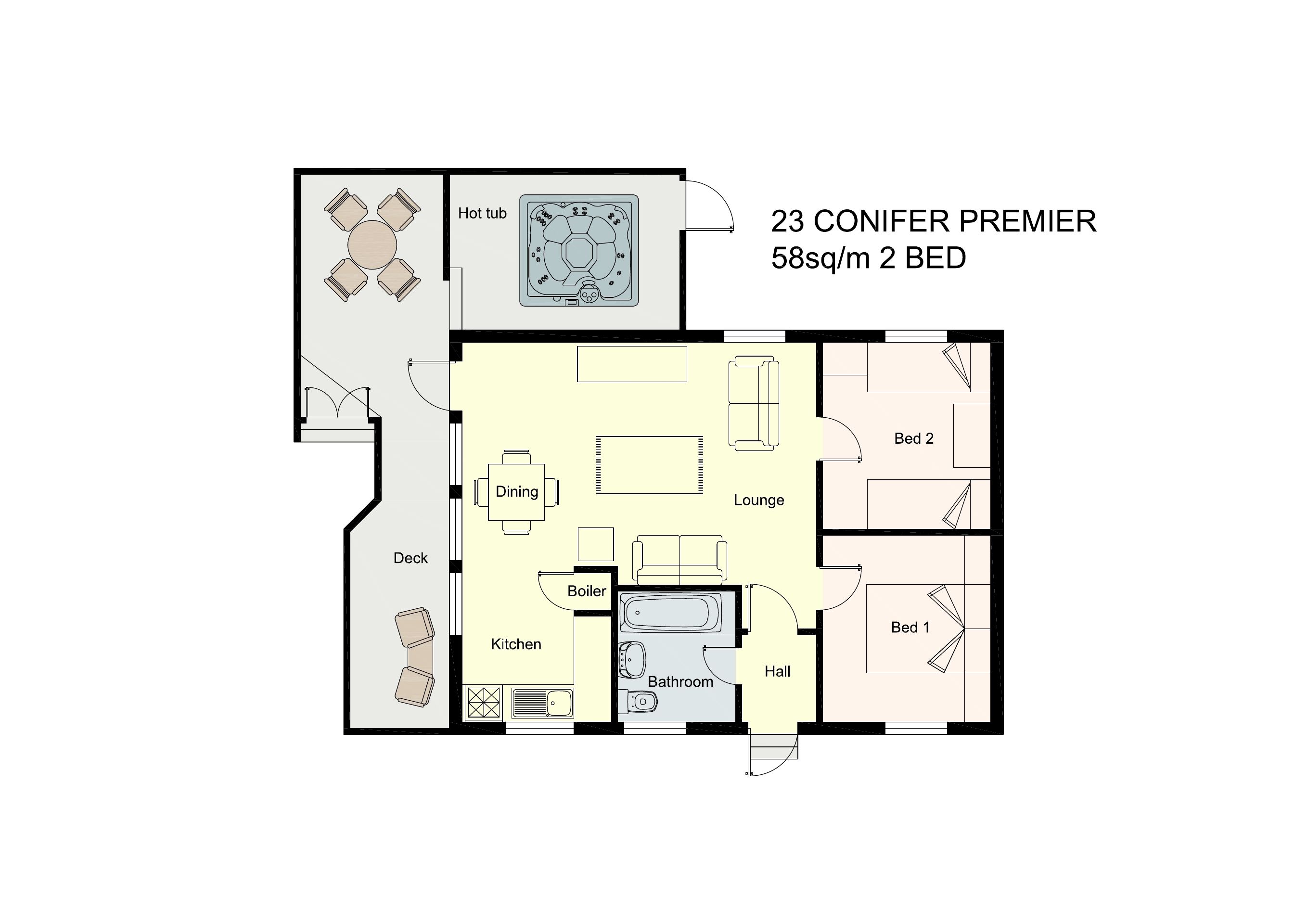 A 2-bedroom apartment layout with a dining area, kitchen, lounge, and a deck.