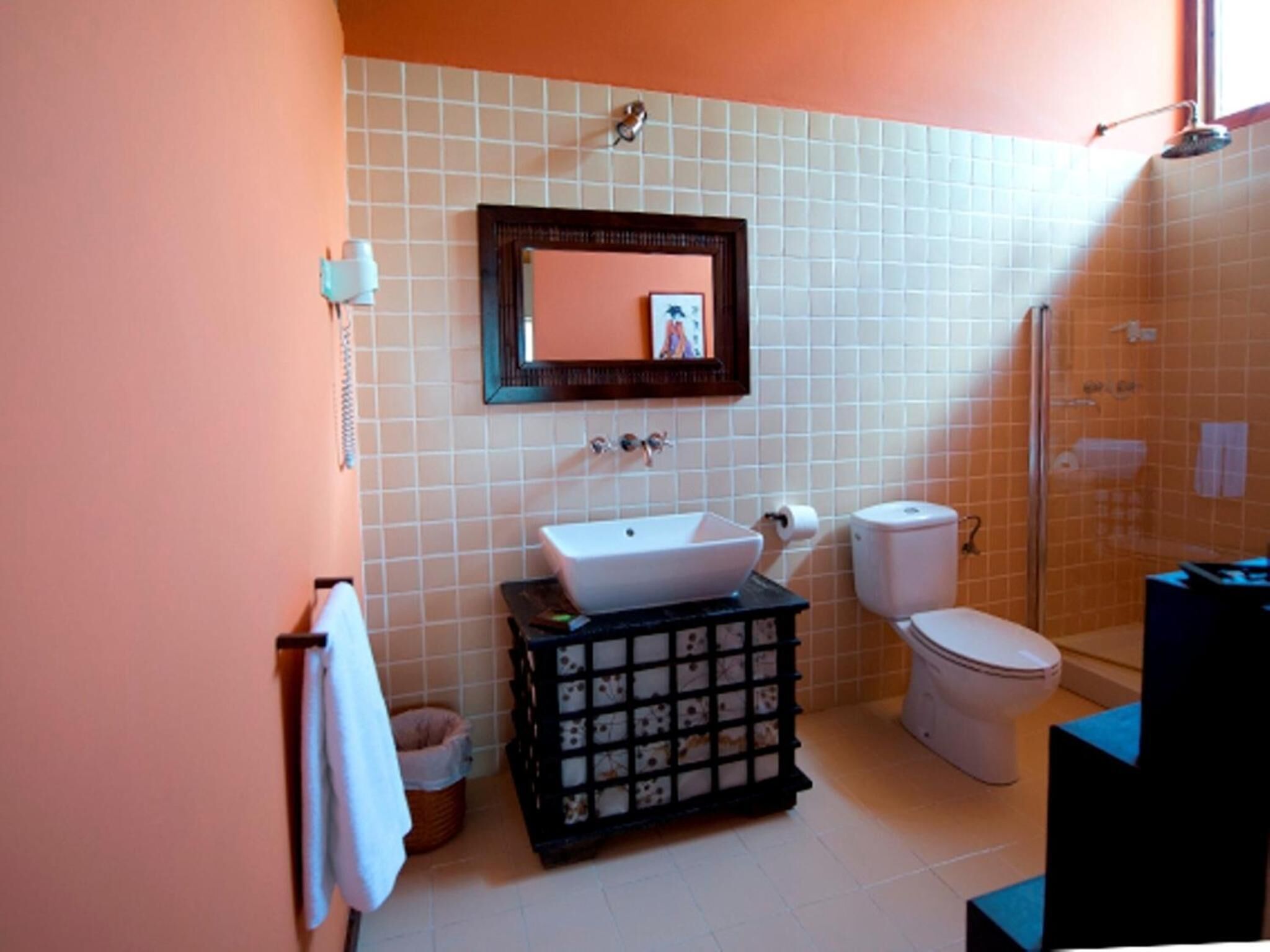 Un baño con un lavamanos blanco, un inodoro y una ducha. Hay un espejo sobre el lavamanos y un cuadro en la pared.