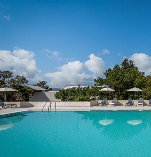 Outdoor pool, pool umbrellas, pool loungers