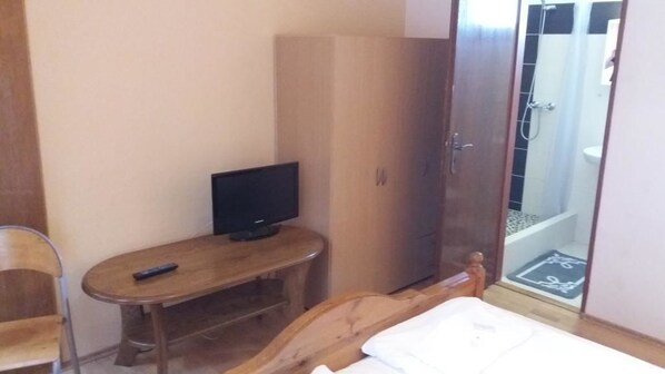 A bedroom with a bed, a wooden wardrobe, a television on a small table, and a shower area visible through an open door.