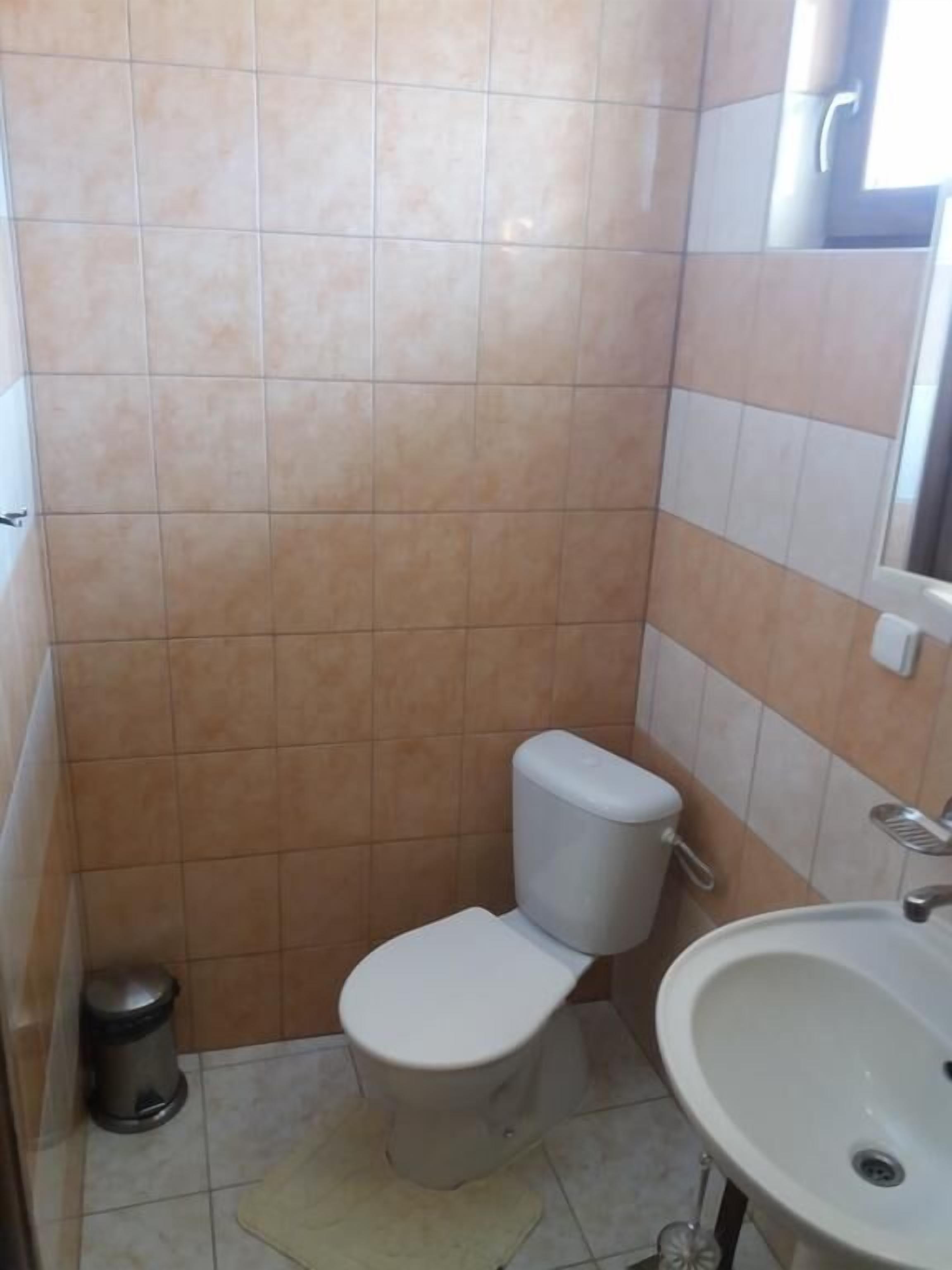 A small bathroom with a toilet, sink, and trash can.