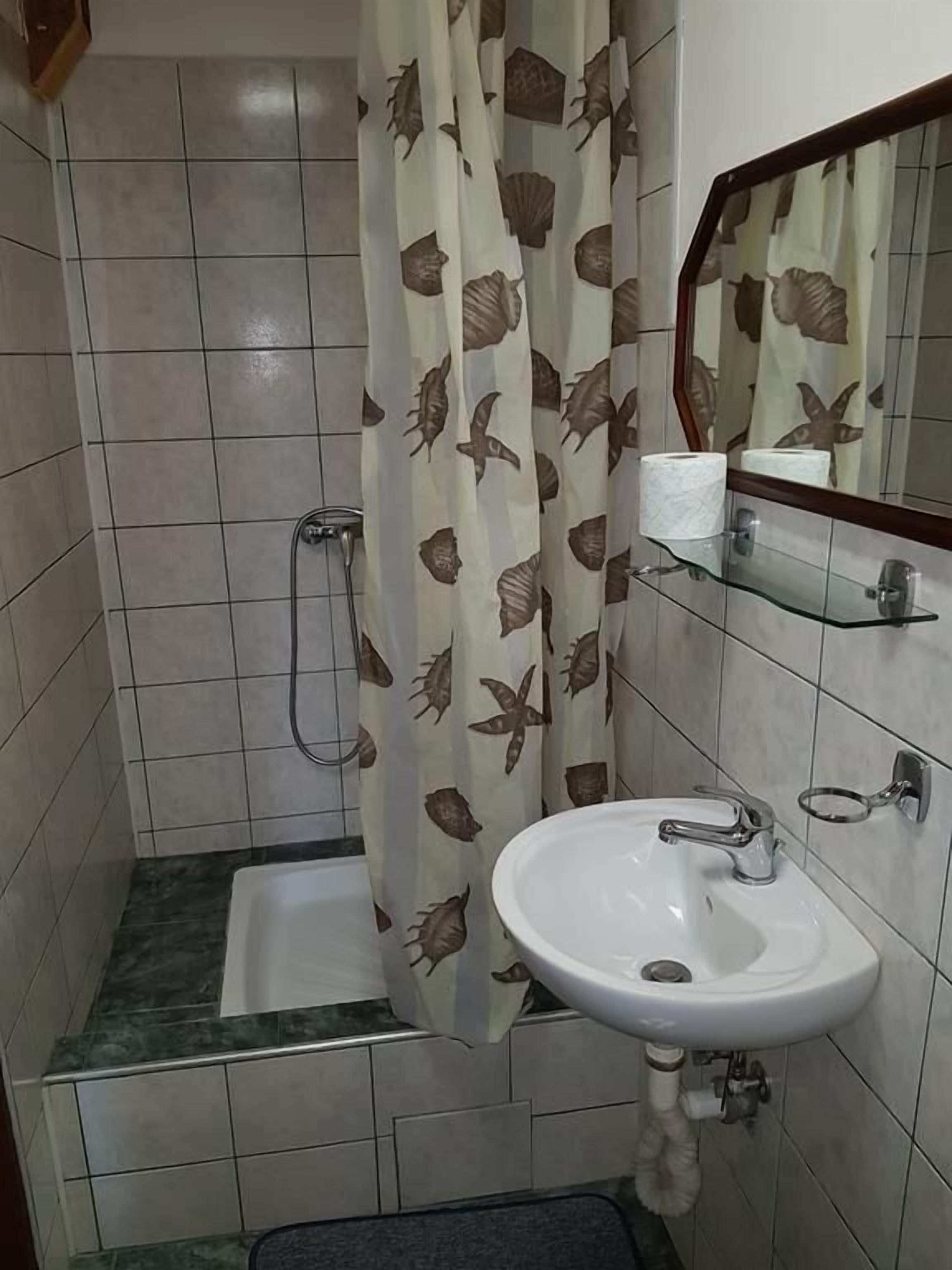 A bathroom with a shower, a sink, a mirror, and a toilet.