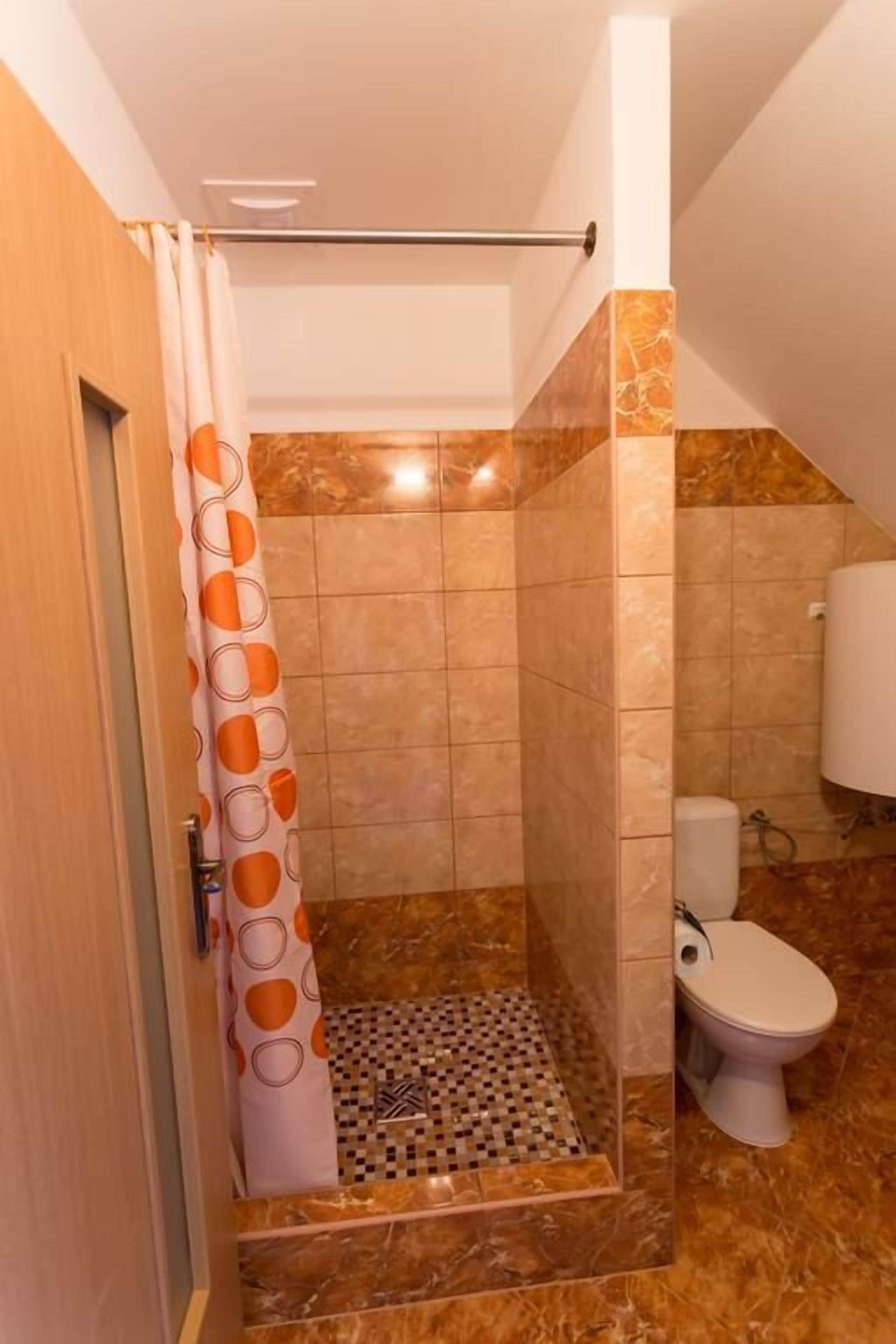 A bathroom with a shower, toilet, and a patterned floor.