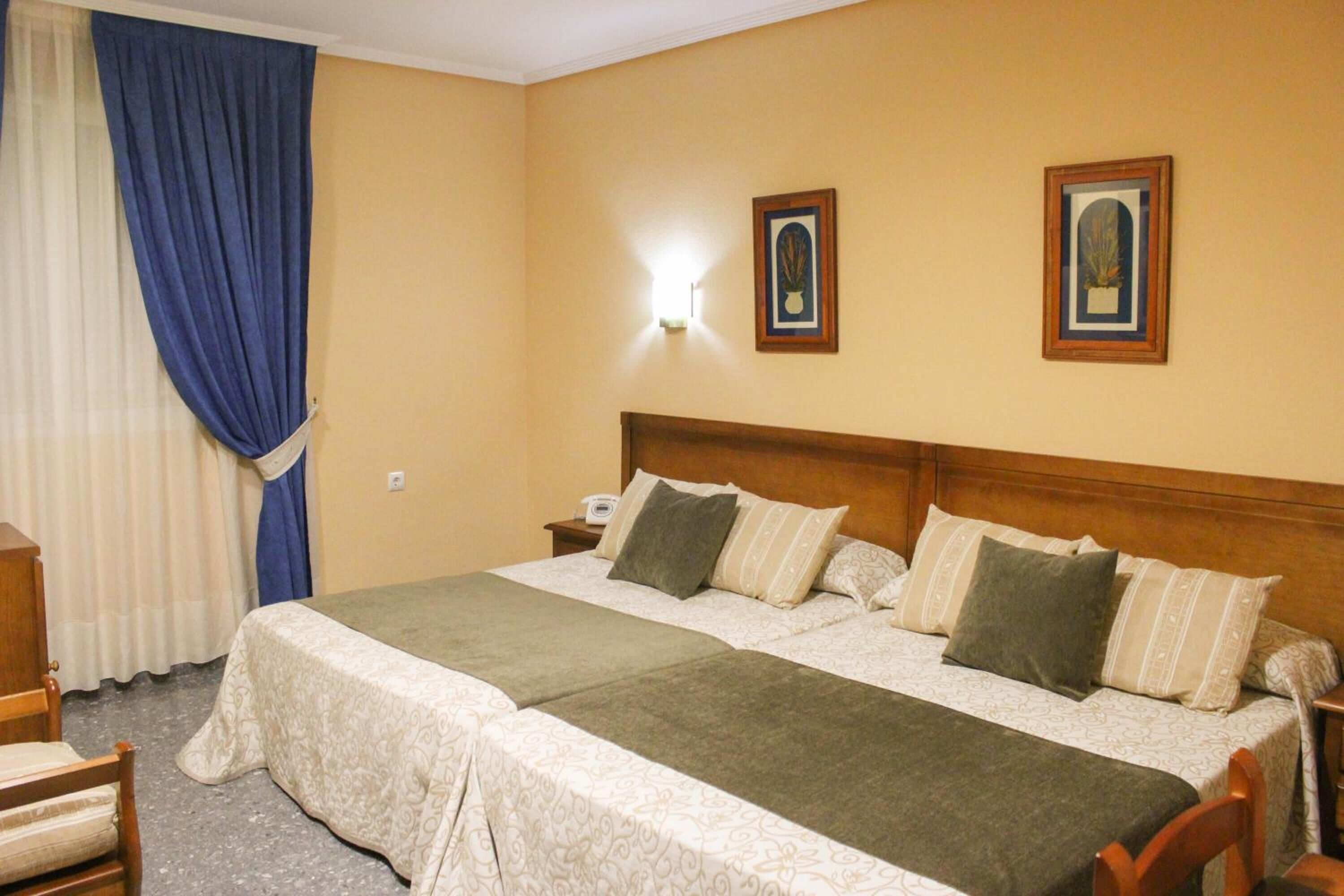 A double bed with a wooden headboard, a bedside table with a lamp, and two framed pictures on the wall.