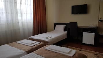 Desk, blackout curtains, soundproofing, iron/ironing board