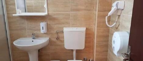 A small bathroom with a sink, toilet, and a mirror.