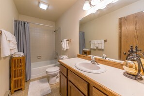 Hair dryer, towels, soap, shampoo